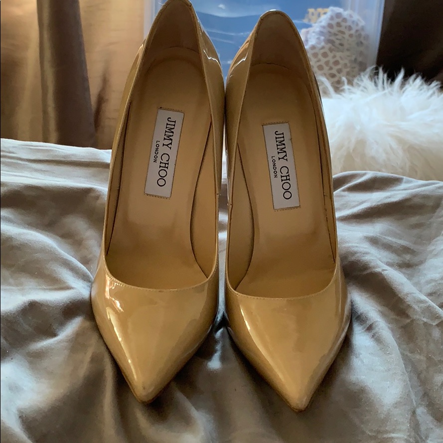 Jimmy Choo Nude Patent Leather Anouk Pumps